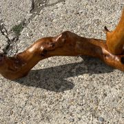 Floor lamp in solid olive wood, Brutalist style, French work from the 1970s.