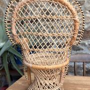 Miniature Peacock Chair Woven Rattan — Vintage Bohemian Plant Stand — 1970s