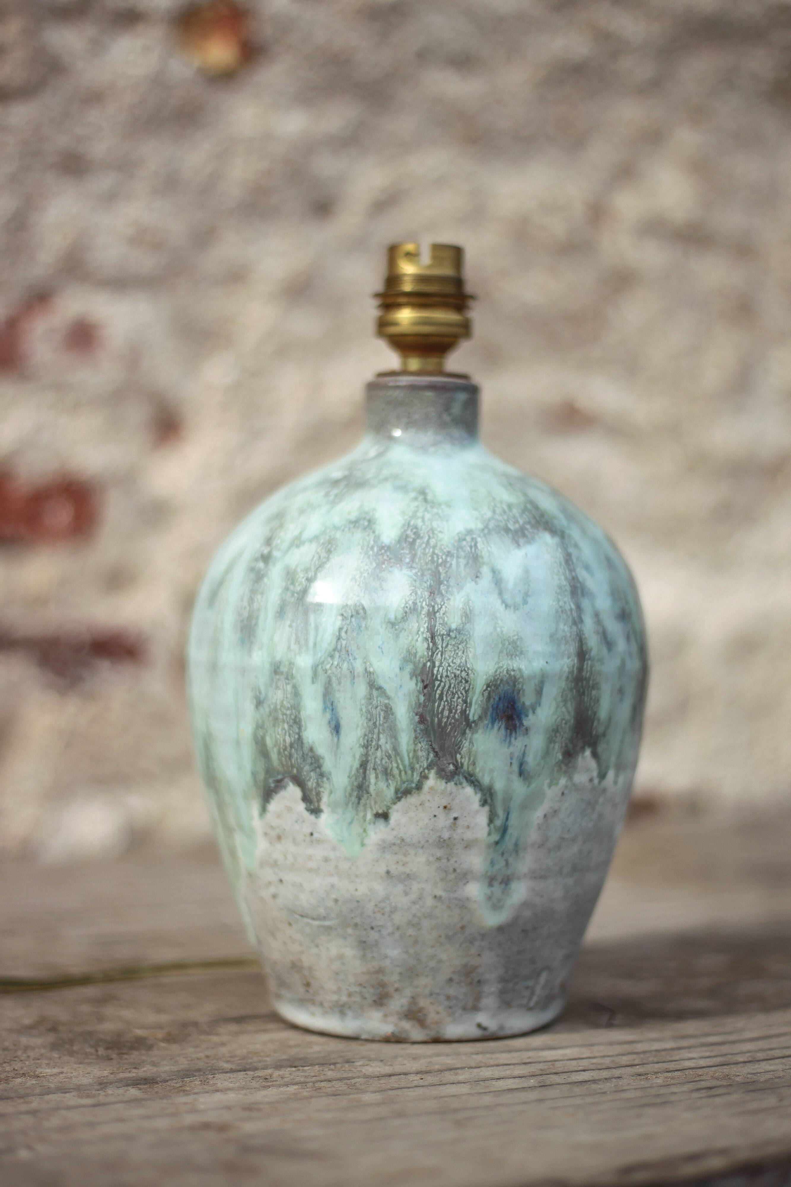 Vintage blue/grey glazed stoneware lamp, round lamp base, lamp stand.