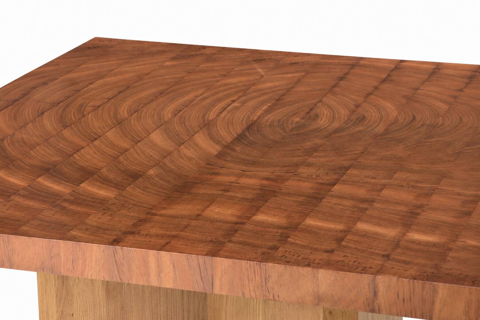Exotic wood coffee table with an end grain wood top.