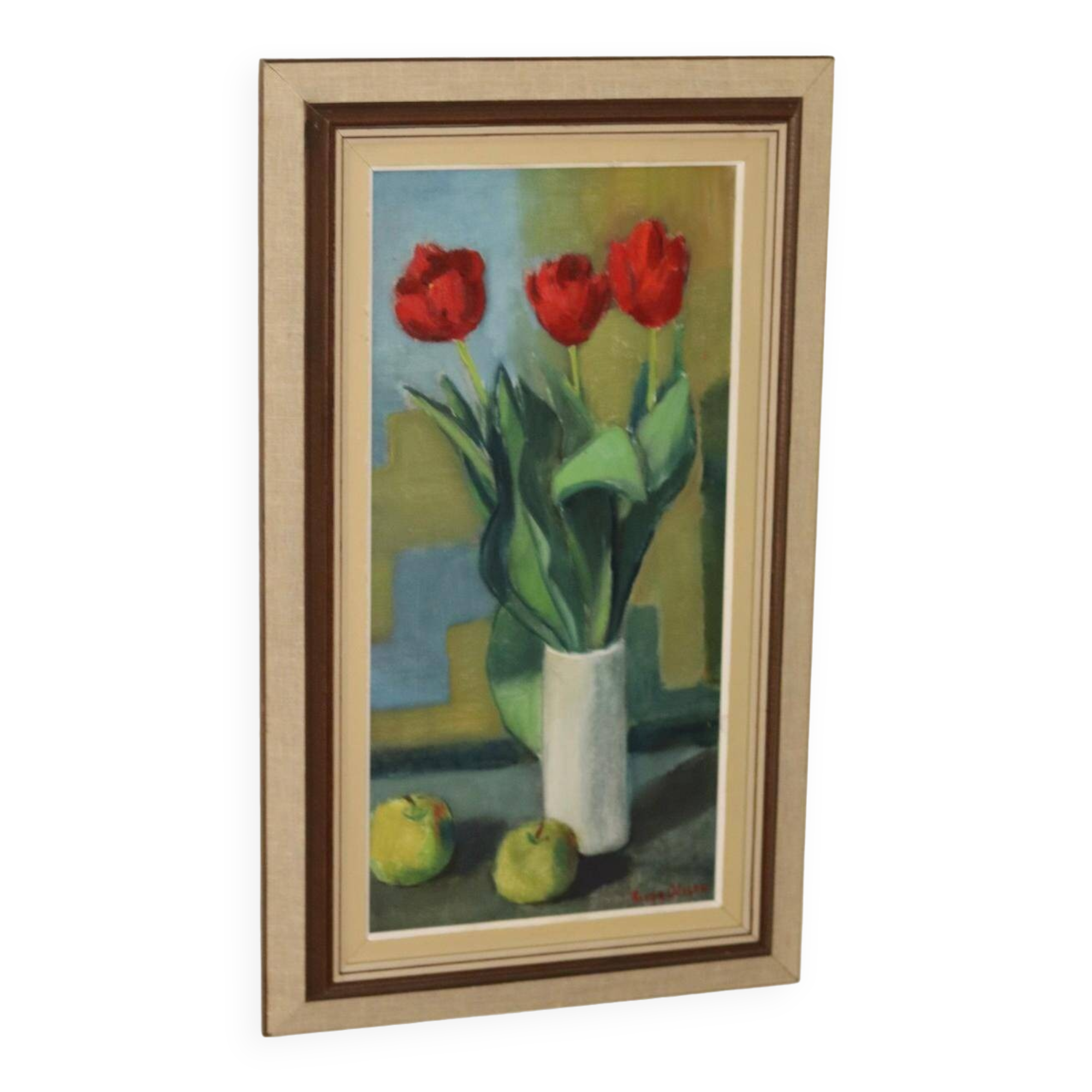 1970's Large Swedish Mid-Century Oil On Board Painting" Still life Tulips " by Hugo Olsson