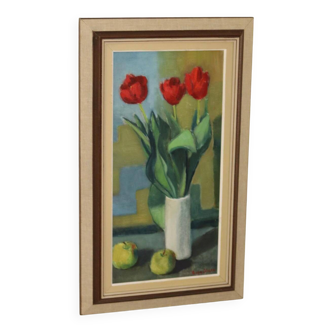 Grande peinture à l'huile sur panneau suédoise du milieu du siècle des années 1970 « Nature morte aux tulipes » par Hugo Olsson