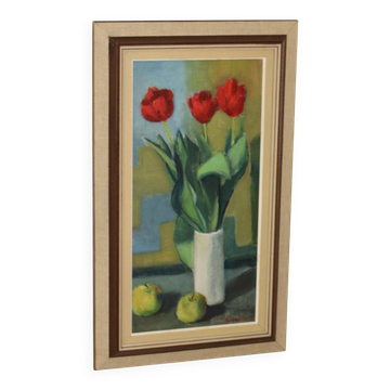 1970's Large Swedish Mid-Century Oil On Board Painting" Still life Tulips " by Hugo Olsson