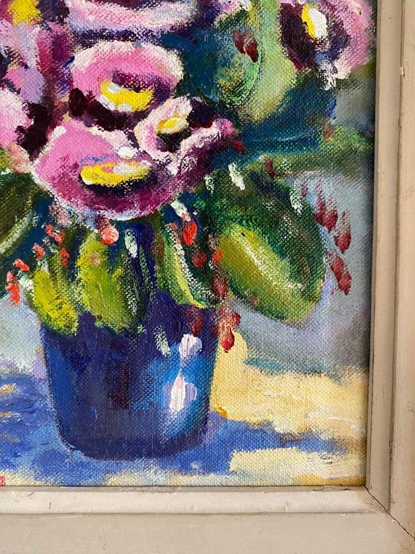 Painting on panel flowers in a vase.