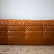 Set of pine leather Togo 2- and 3-seater sofas attributed to Michel Ducaroy for Ligne Roset, set of 2