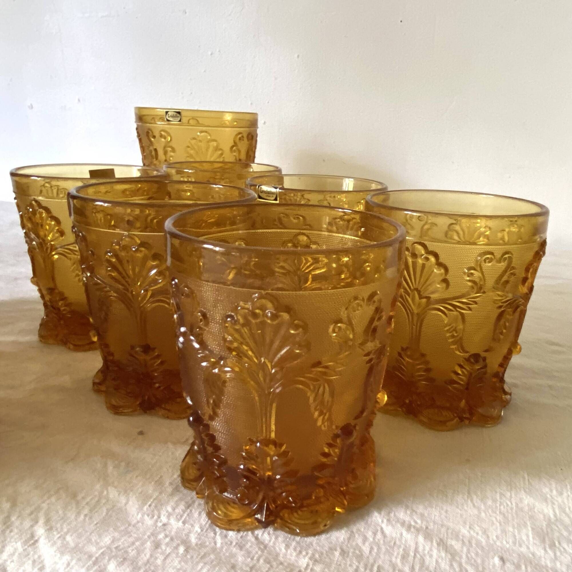 Glasses and ice bucket baroque style amber glass Italy 70s