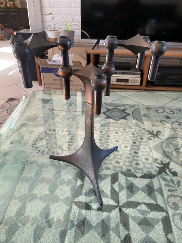 Pied pour bougeoirs + 2 bougeoirs modulables NAGEL brun cuivré 1970