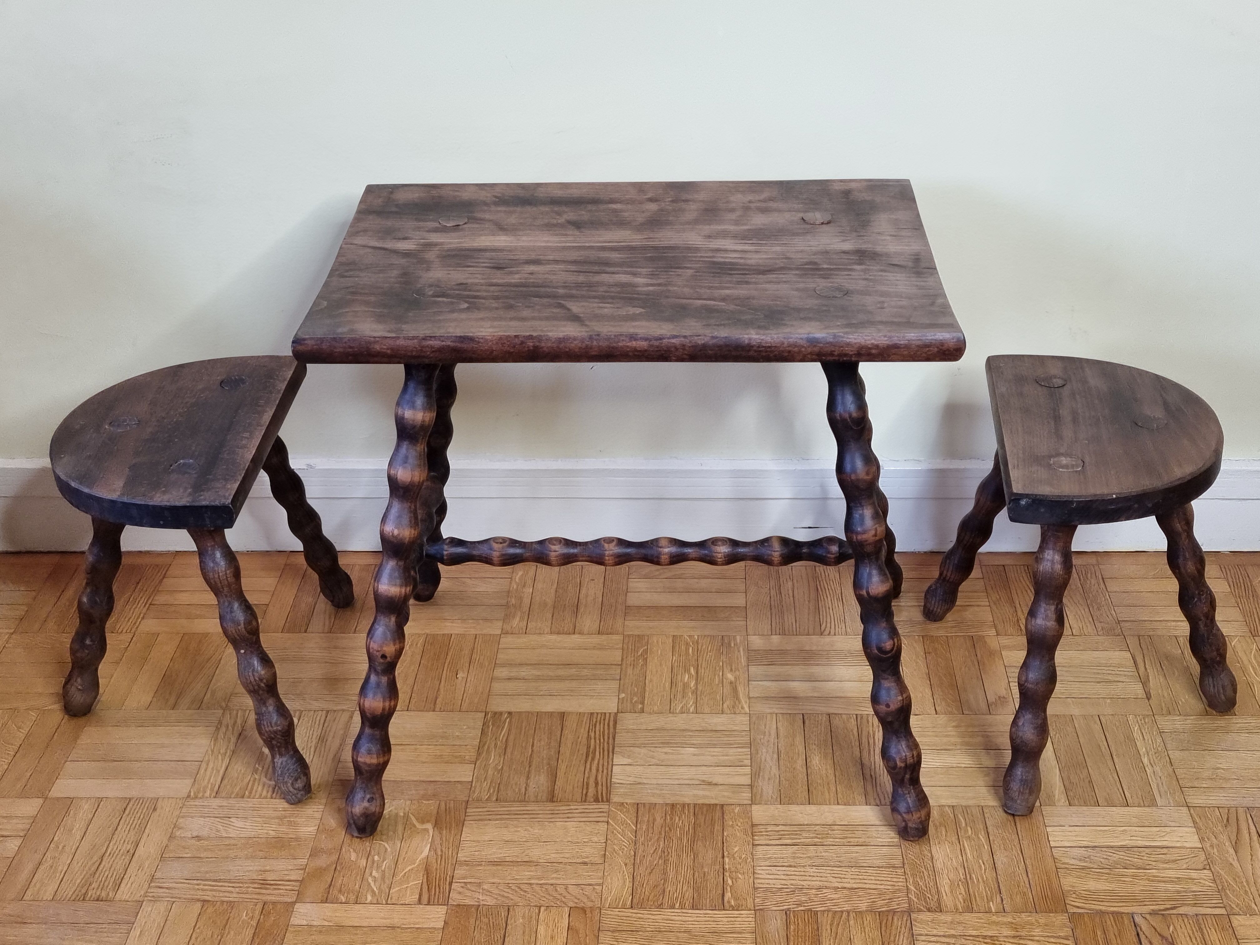 Breton style tripod children's table and stools in solid wood