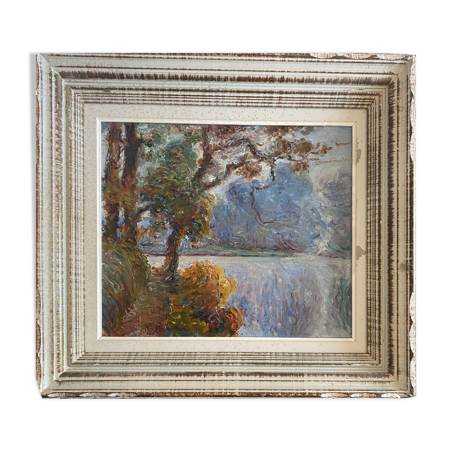 Painting by A. Bonabeau "Wooded riverside" HST, frame circa 1950