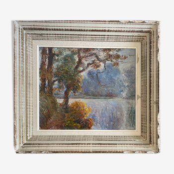 Painting by A. Bonabeau "Wooded riverside" HST, frame circa 1950
