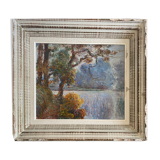 Painting by A. Bonabeau "Wooded riverside" HST, frame circa 1950