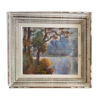 Painting by A. Bonabeau "Wooded riverside" HST, frame circa 1950