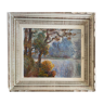 Painting by A. Bonabeau "Wooded riverside" HST, frame circa 1950