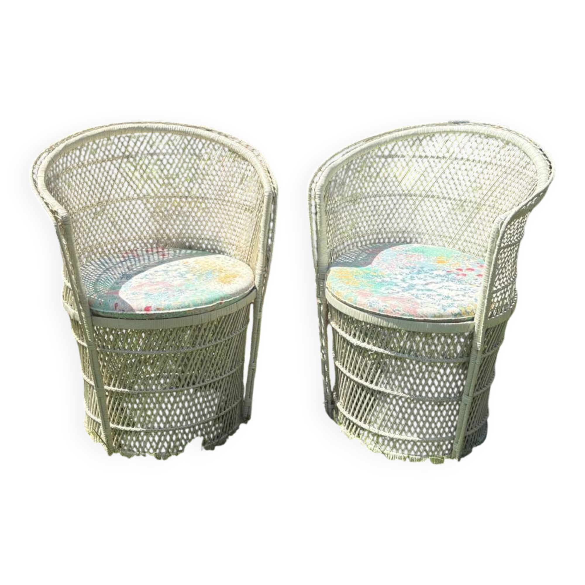 Set of 2 Vintage White Rattan Armchairs – 1970s