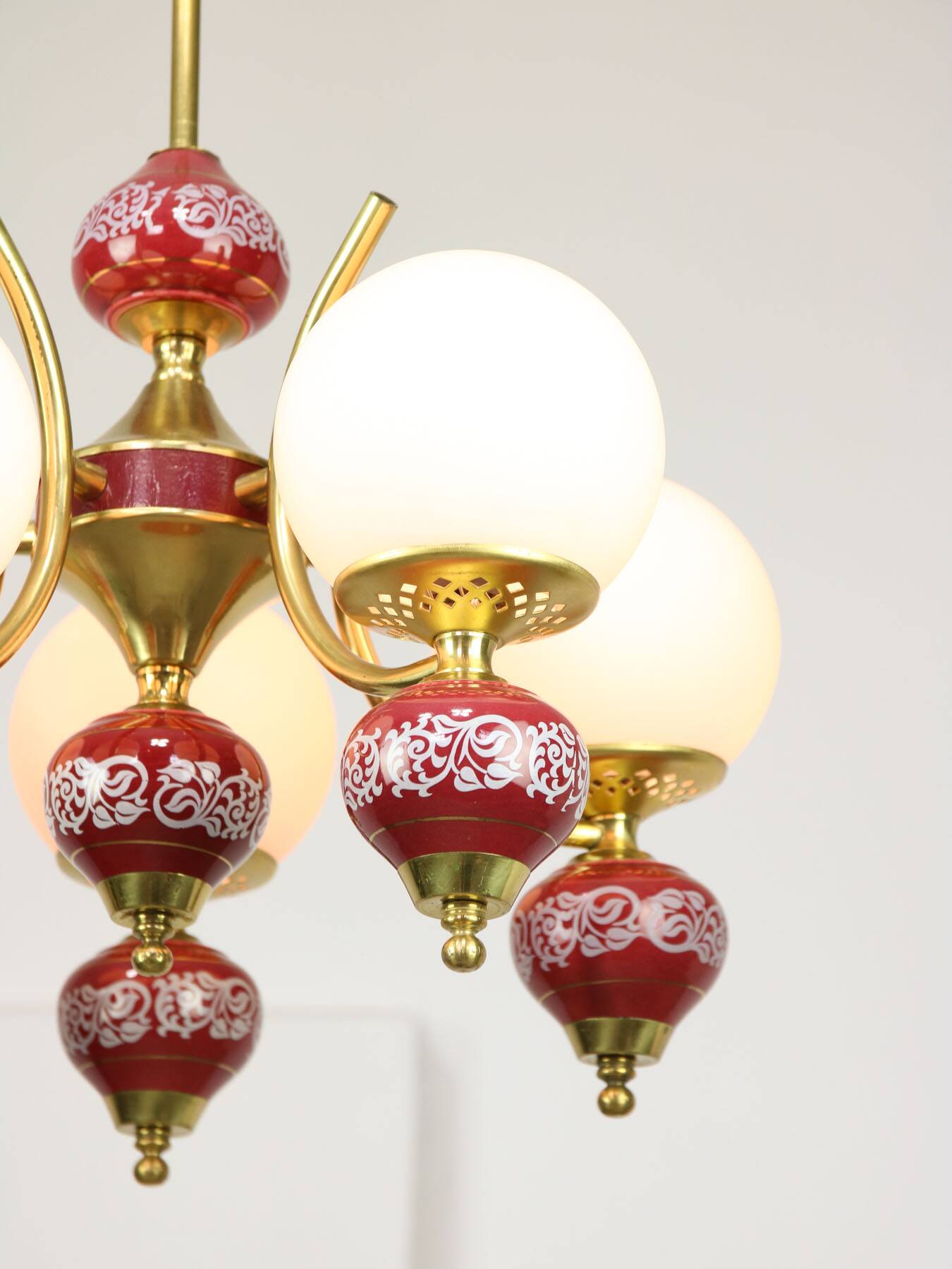 Mid-Century Italian Brass, Opaline & Ceramic Chandelier