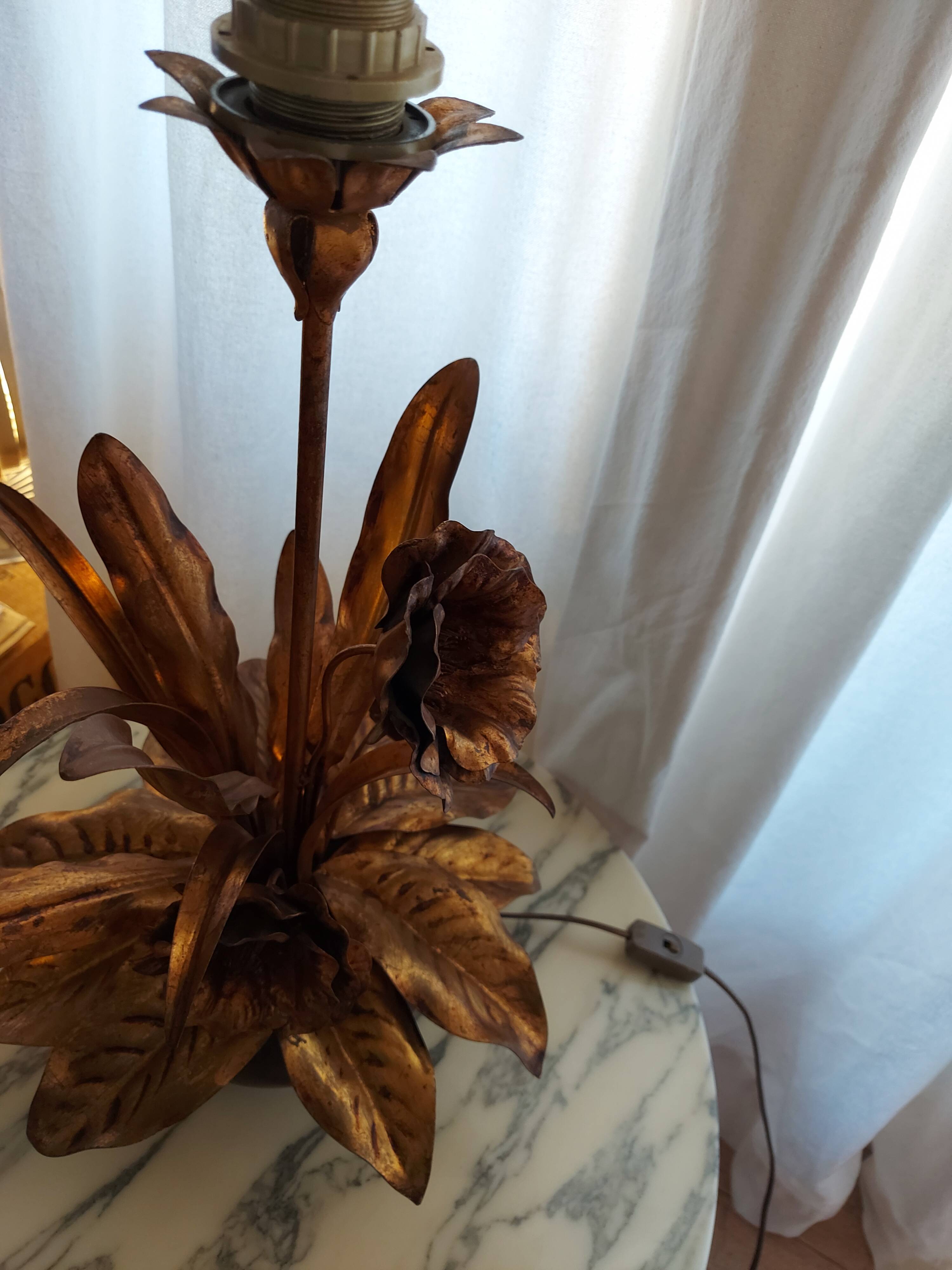 Large lamp, bouquet of vintage anemone flowers, gold metal, Hans Kogl