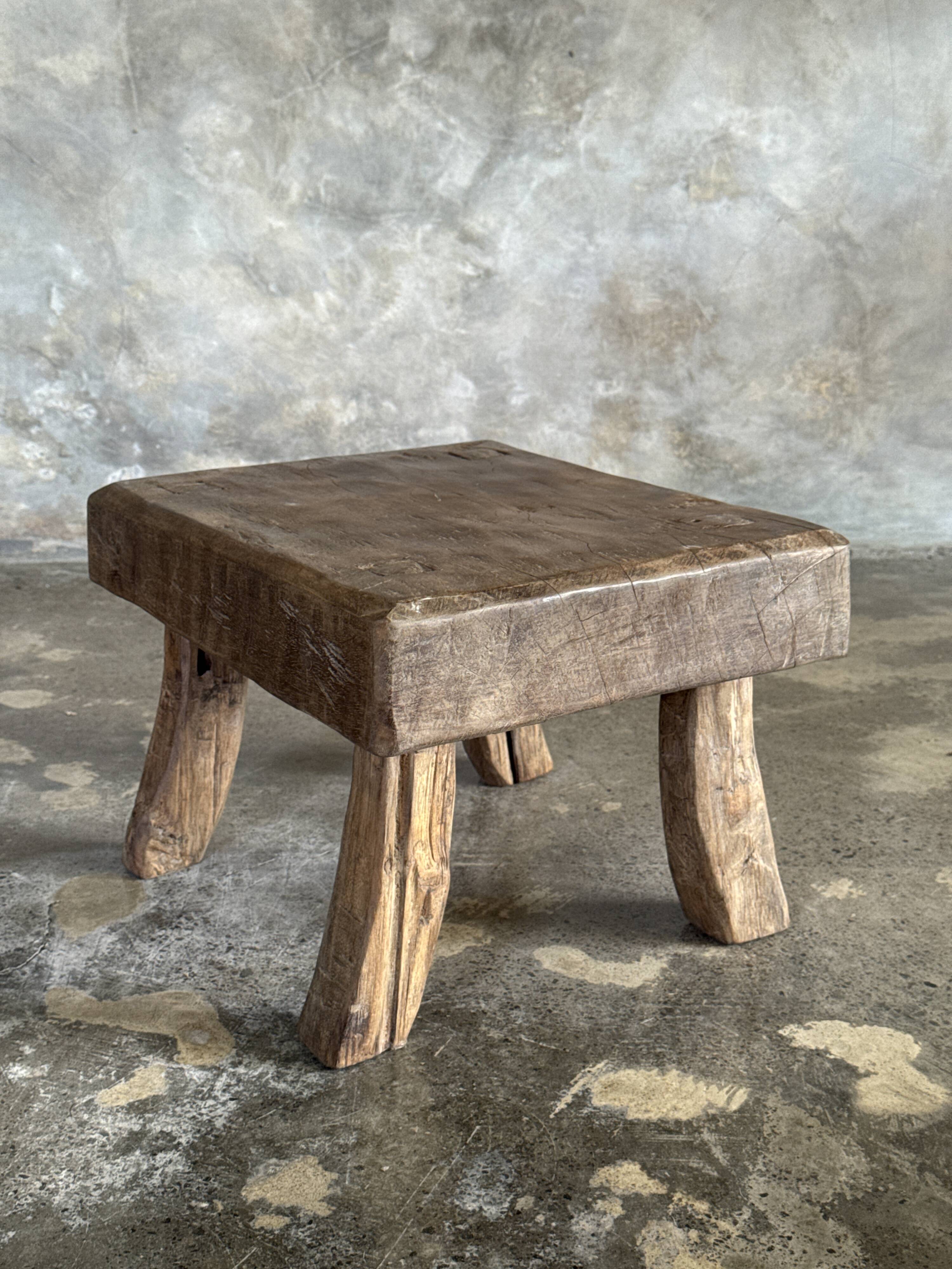 Small stool, rectangular accent stool in solid teak wabi-sabi H26