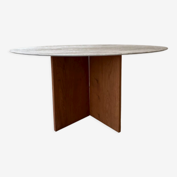 Travertine and wood dining table