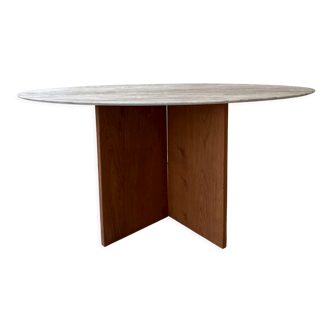 Travertine and wood dining table