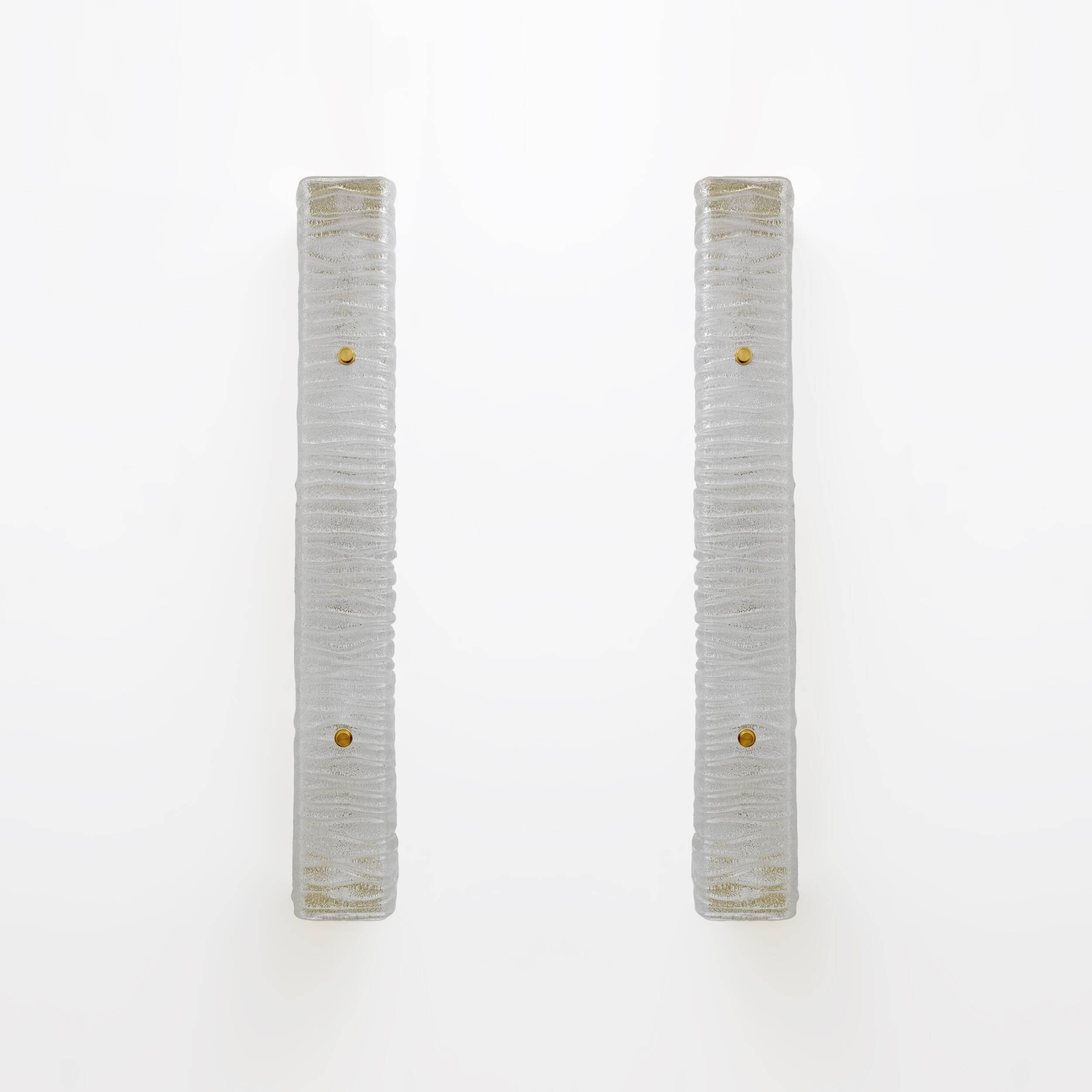 Pair of Art Decò Style Brass and Textured Murano Glass Sconces