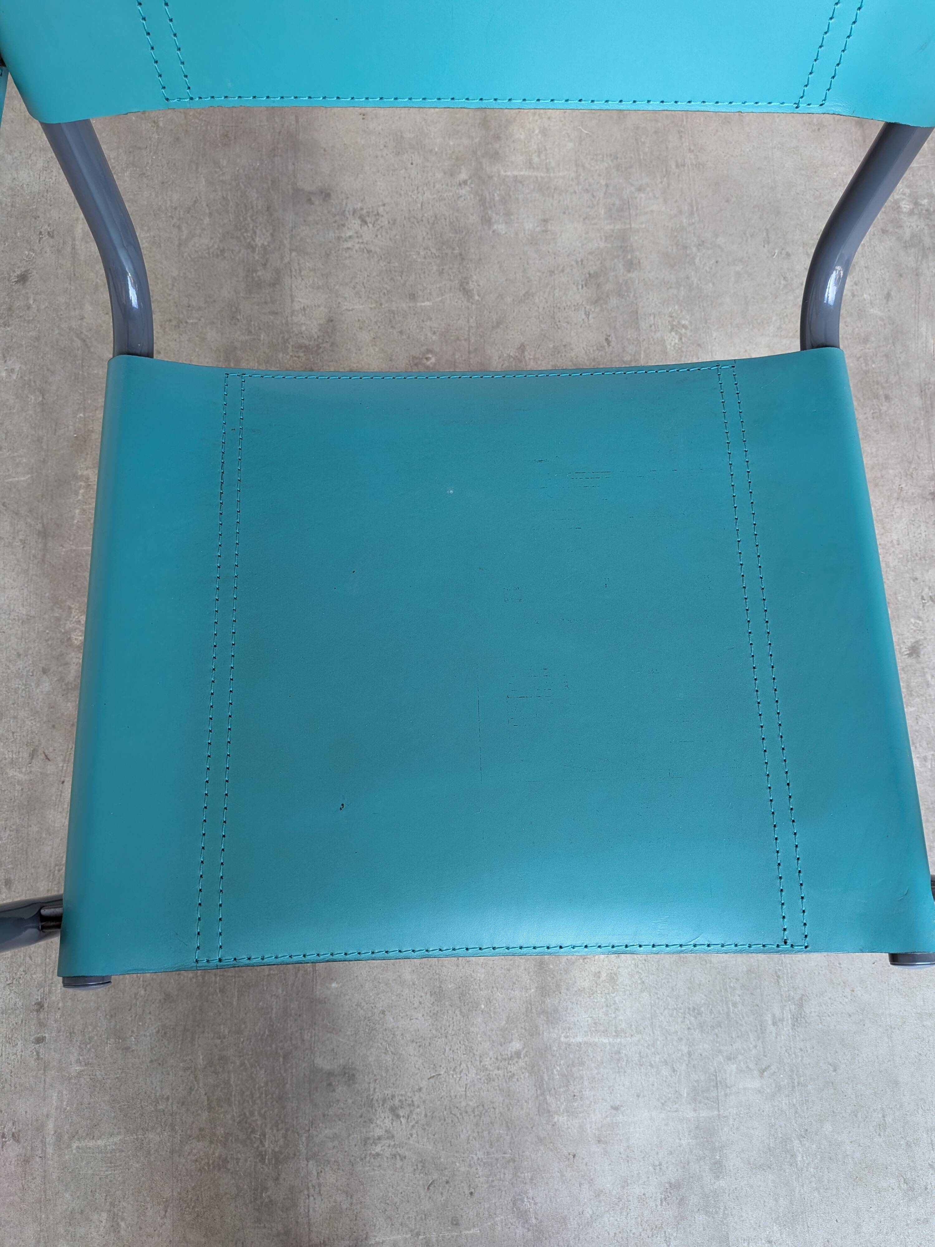 Vintage Mart Stam Style Armchair: Turquoise Leather, Black Chrome Cantileve