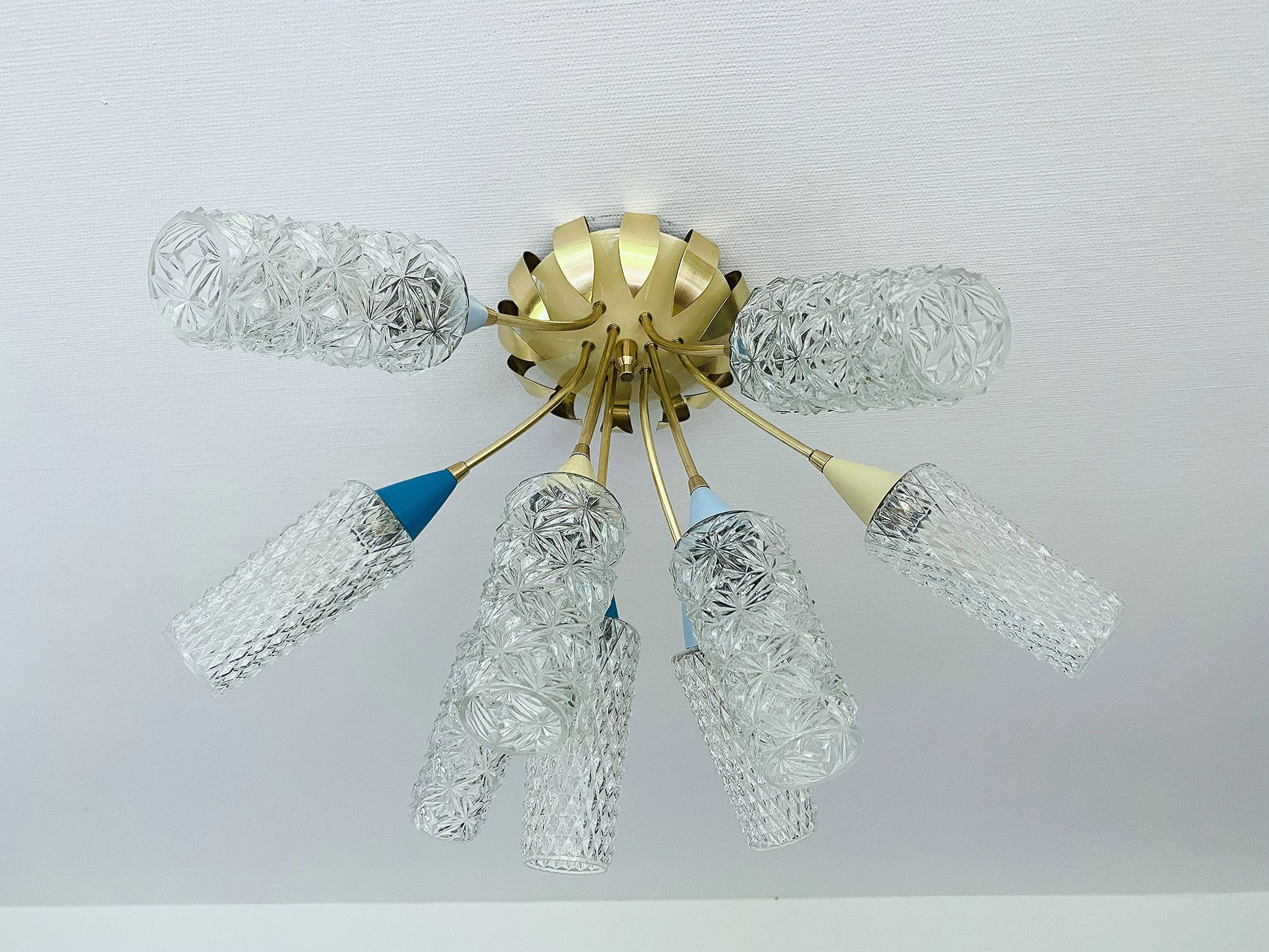 plafonnier lampe vintage, annees 50, verre laiton, bleu beige or