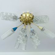 plafonnier lampe vintage, annees 50, verre laiton, bleu beige or