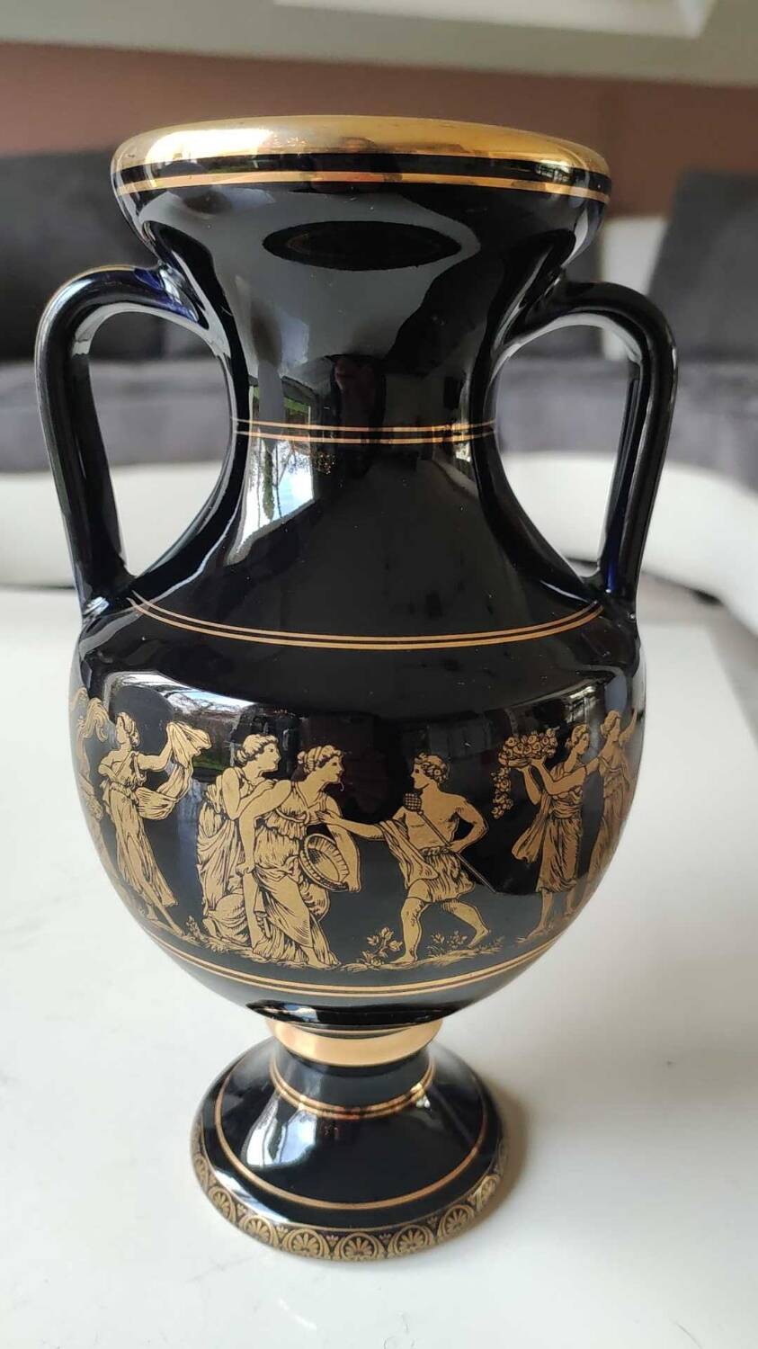 Ball-shaped vase, in glazed ceramic. Life scenes from Greek Mythology hand painted, in 24 c. gold. High 22 cm
