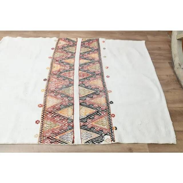 1970s Vintage Turkish Handmade Wool Cotton Beige Kilim Rug 108x151