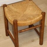 Vintage stool in solid oak and straw, 1960s