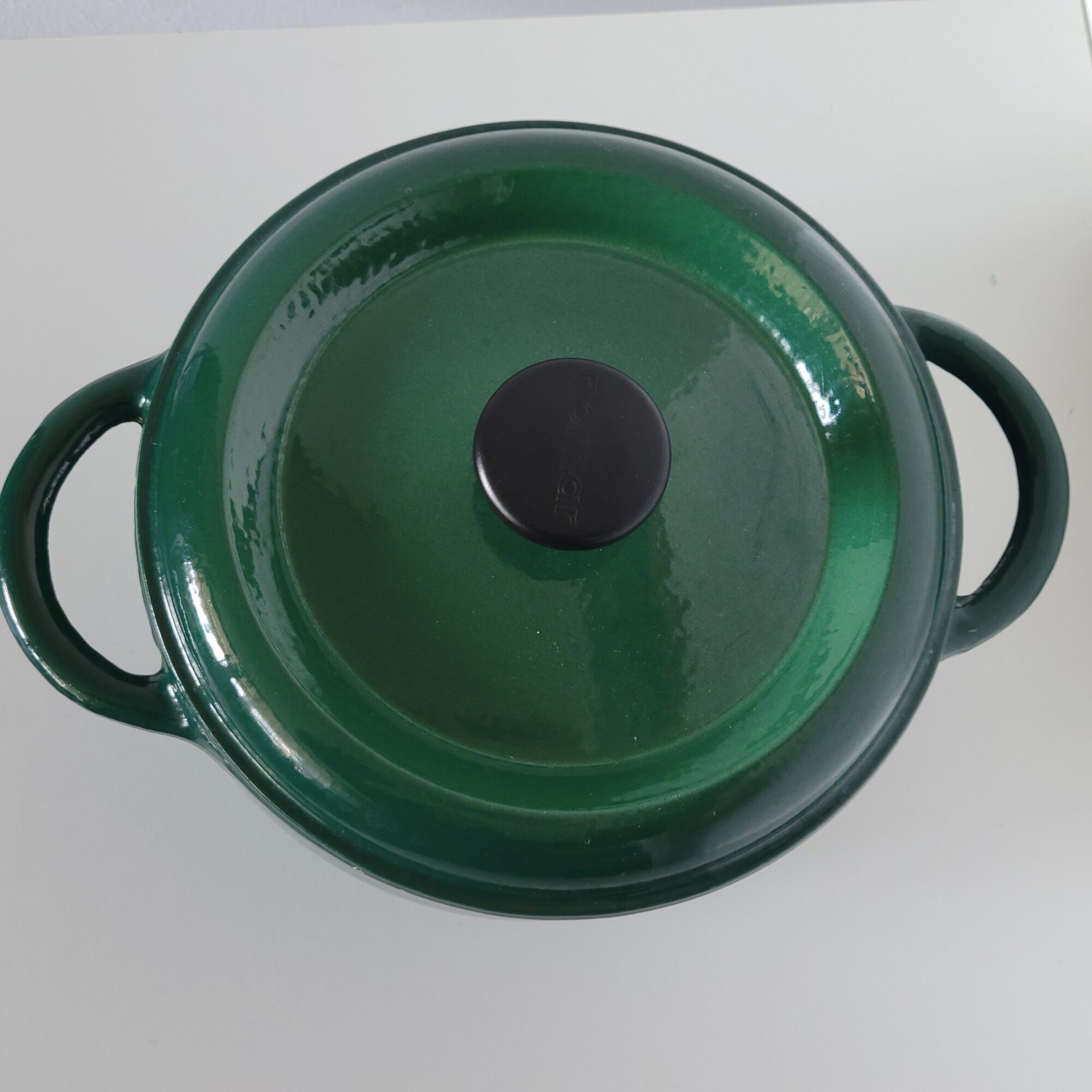 Round green enamelled cast iron casserole Nomar Staub vintage