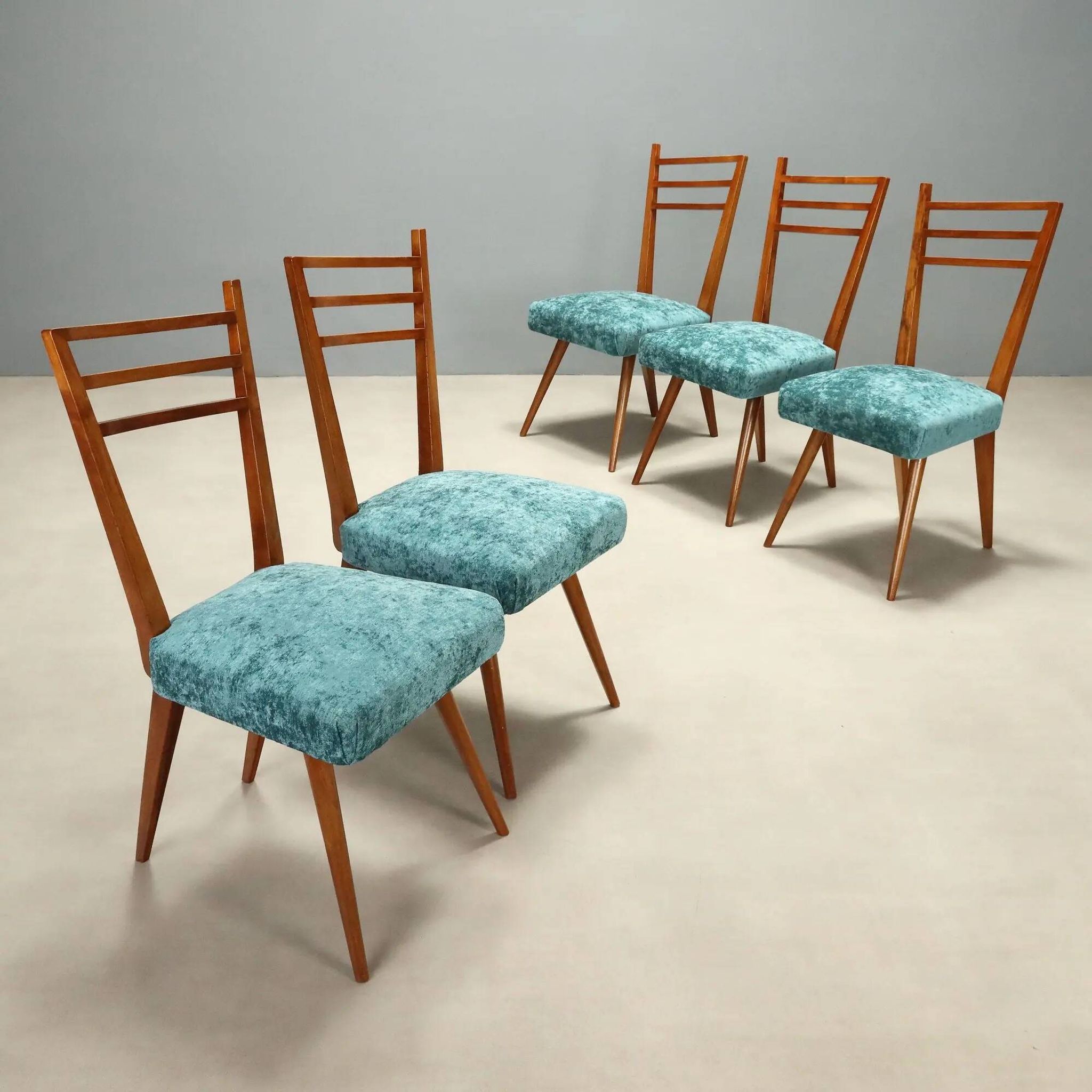 Vintage wooden and fabric chairs, design, Italy, 1950s-1960s