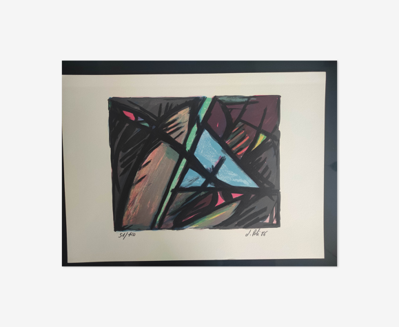 Blue geometric shape - Hand-signed lithograph - Jacques Poli - numbered 51/120