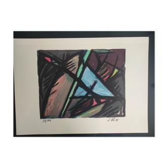 Blue geometric shape - Hand-signed lithograph - Jacques Poli - numbered 51/120