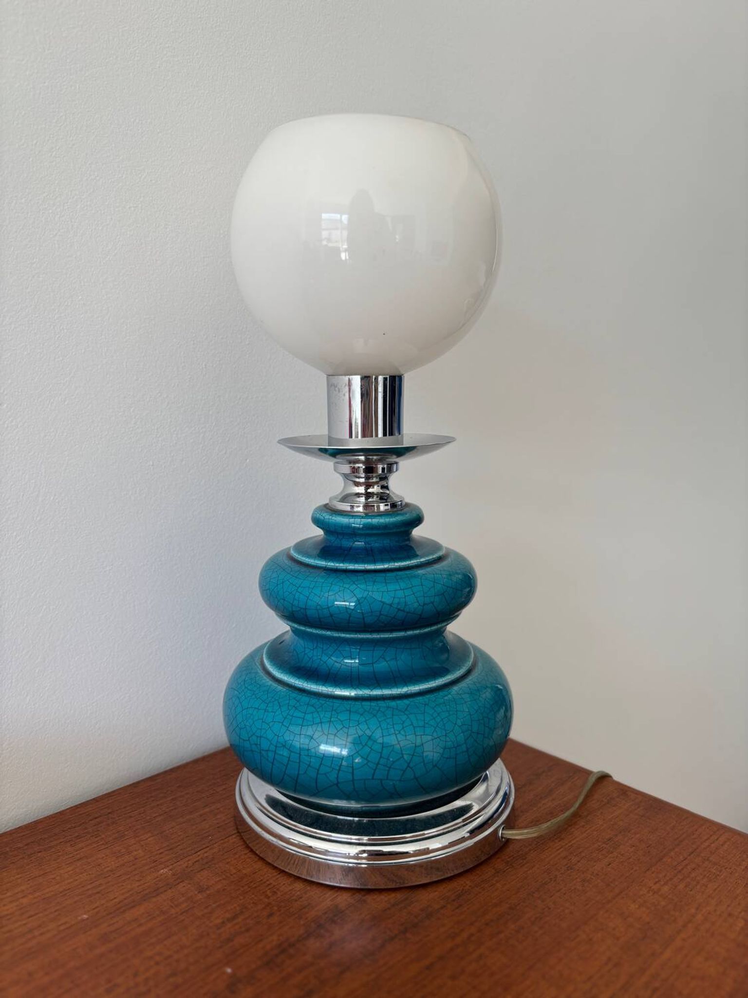 Lampe vintage en céramique craquelée émaillée bleu turquoise – base ch