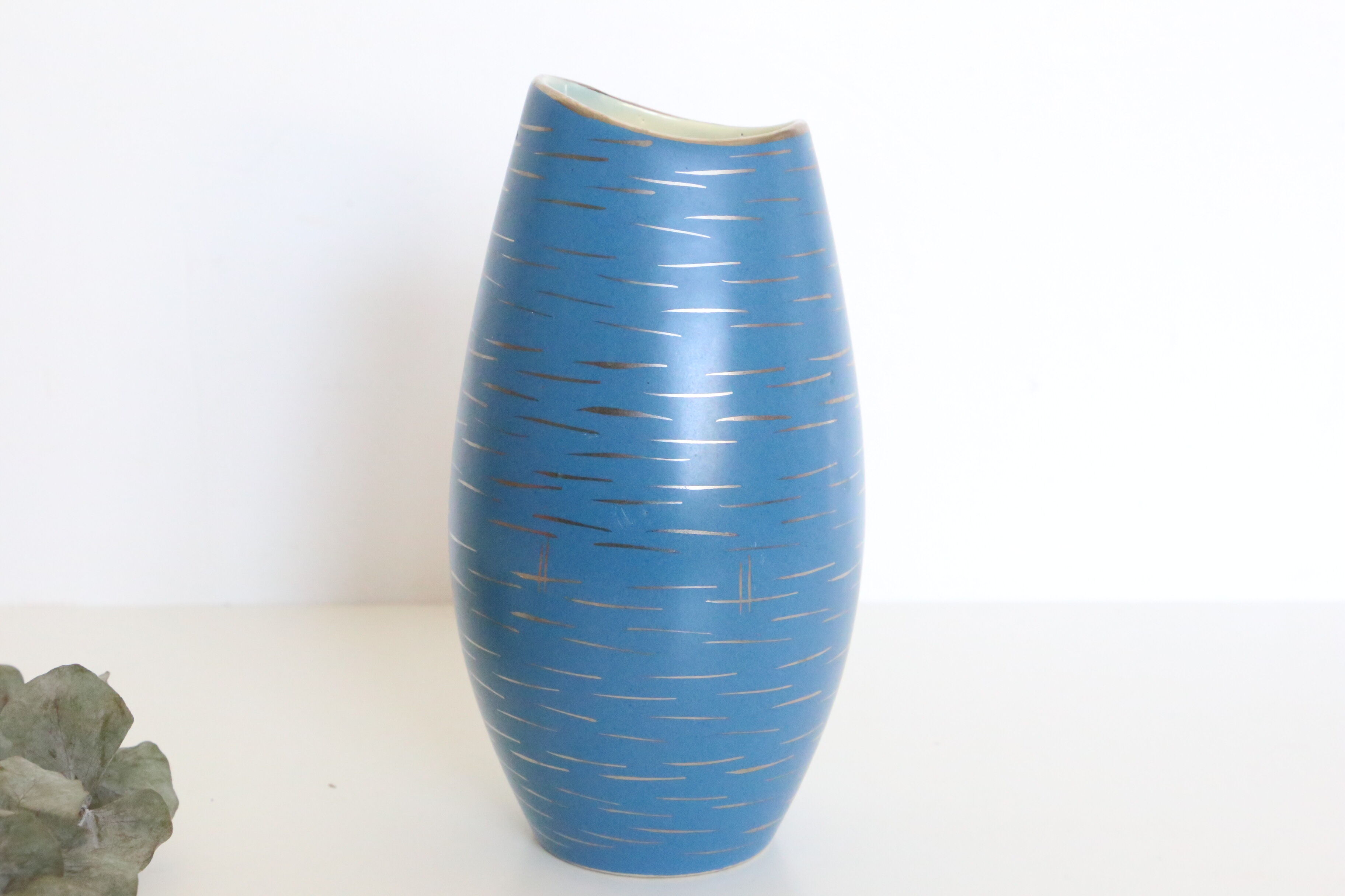 German ceramic vase, blue and gold, 1960, handicrafts, vintage
