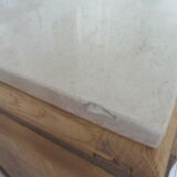 Vintage oak chest of drawers, a travertine plate laid for tray.