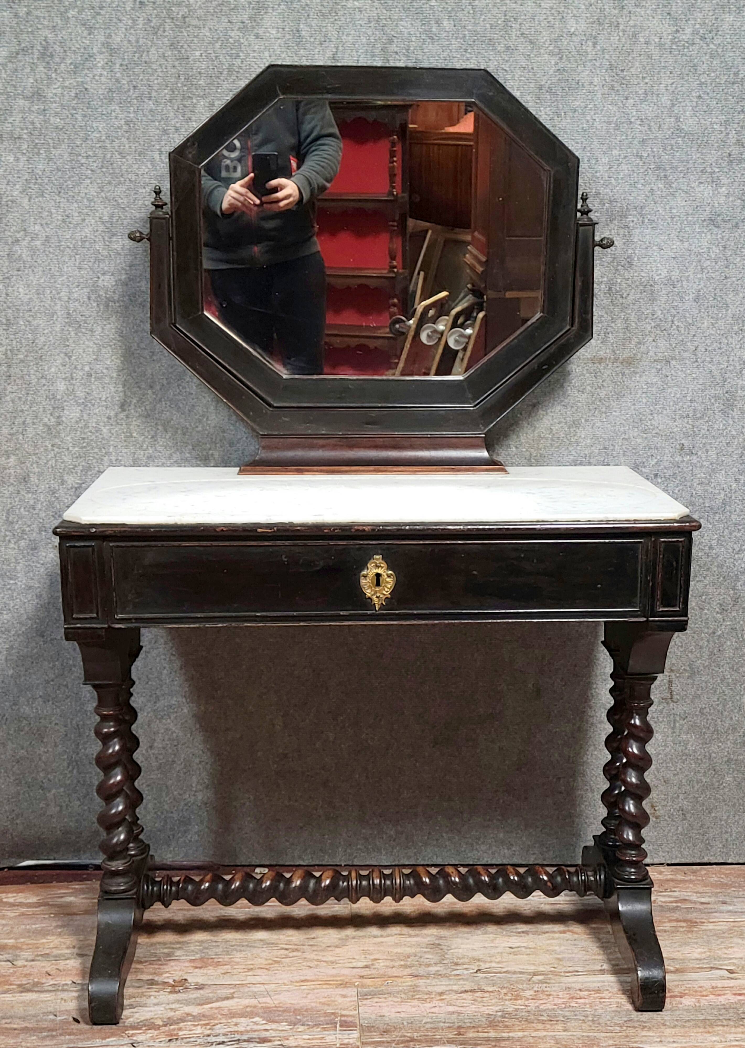 Napoleon III style dressing table in blackened wood, featuring an elegant octagonal mirror