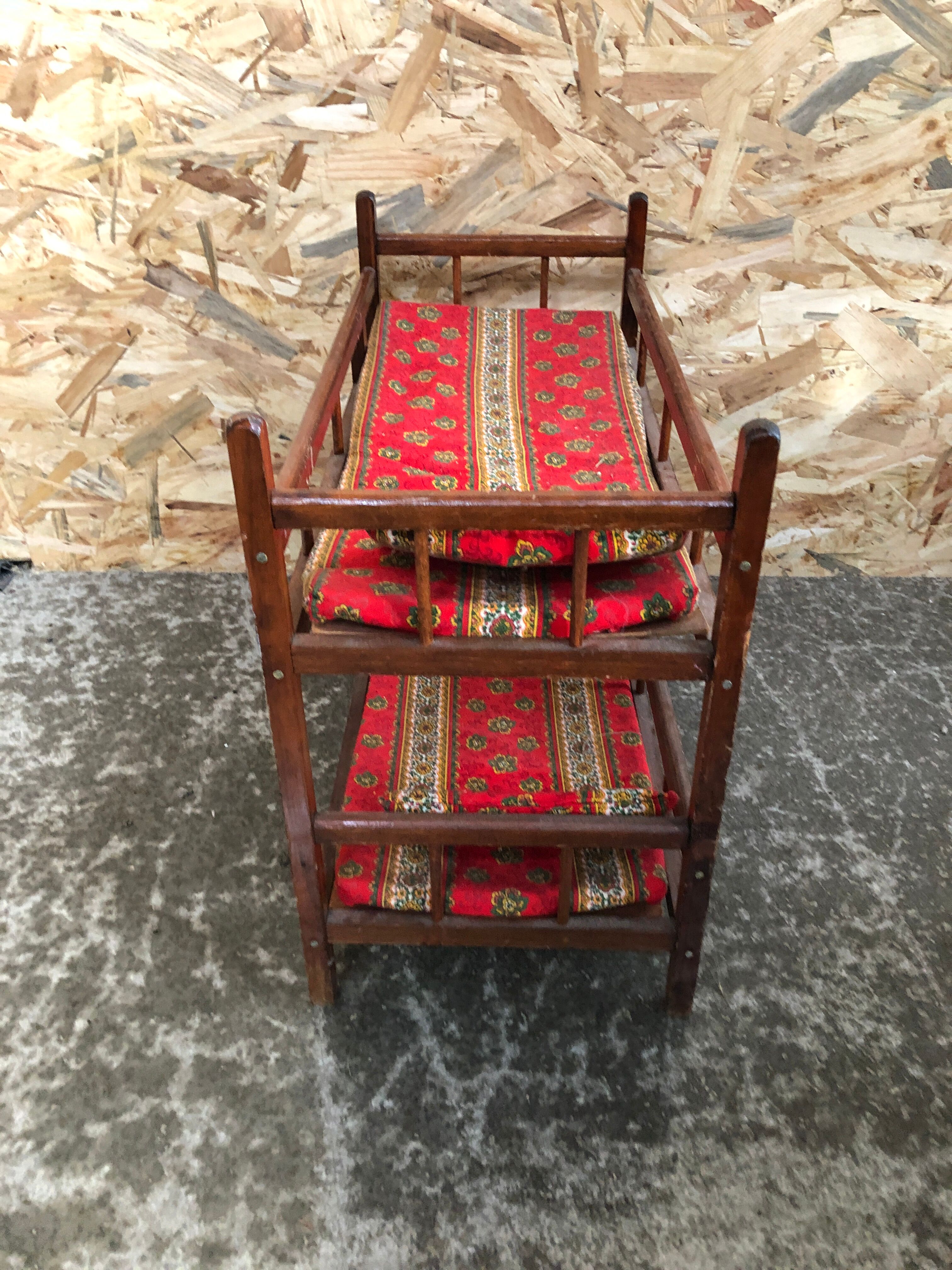 Old bunk bed doll wood + mattresses & cushions vintage fabric