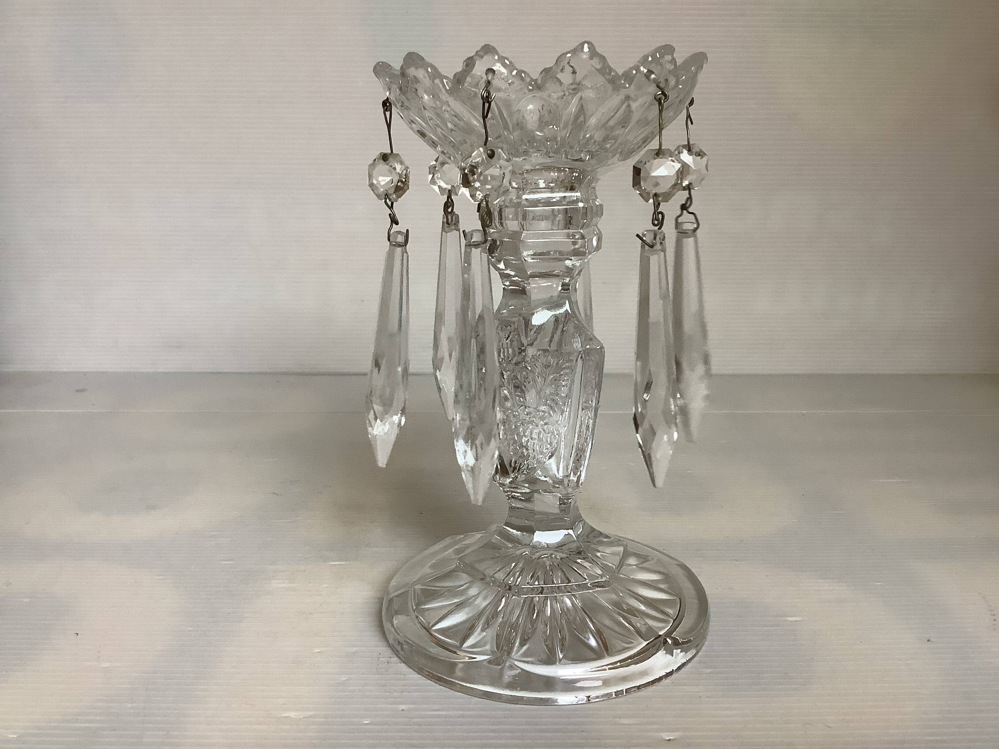 Pineapple candlestick with six glass moulded pendants.