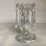Pineapple candlestick with six glass moulded pendants.