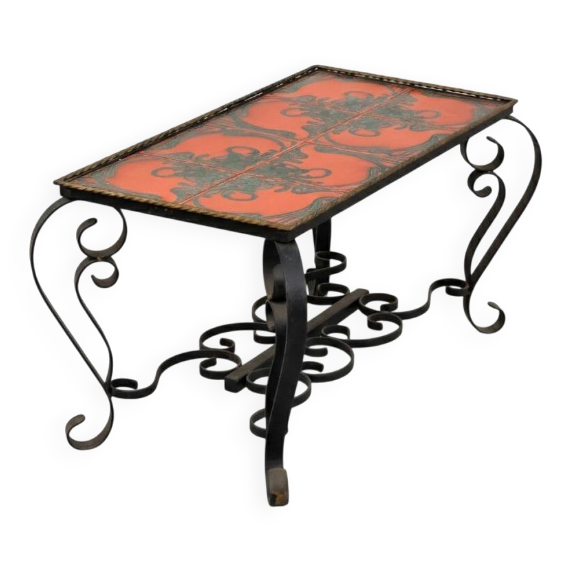 Vintage coffee table in glazed ceramic and wrought iron.
