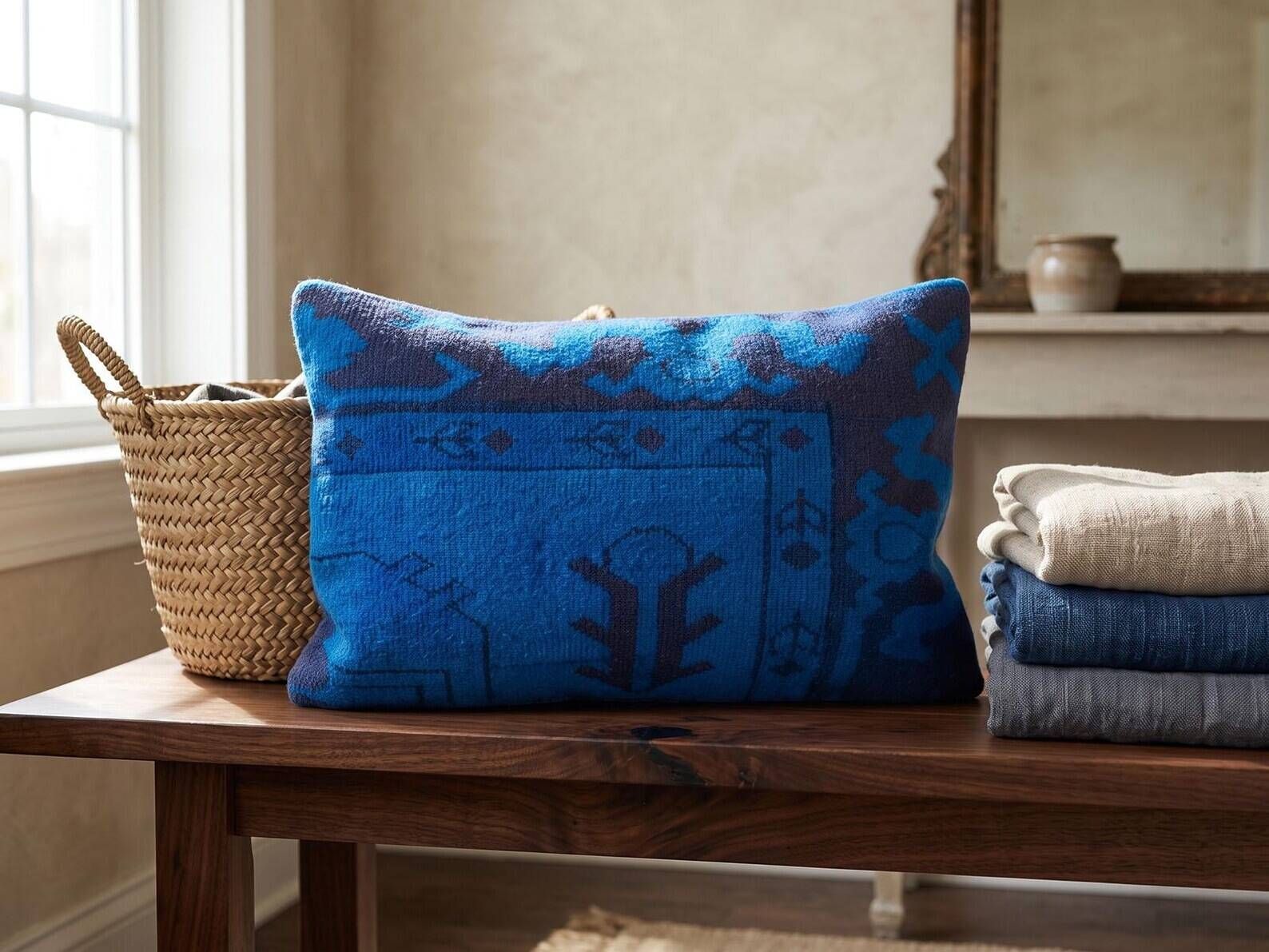 Electric Blue Vintage Turkish Rug Pillow, Hand-Stitched Wool Cushion