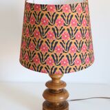 Turned wooden base lamp with printed lampshade