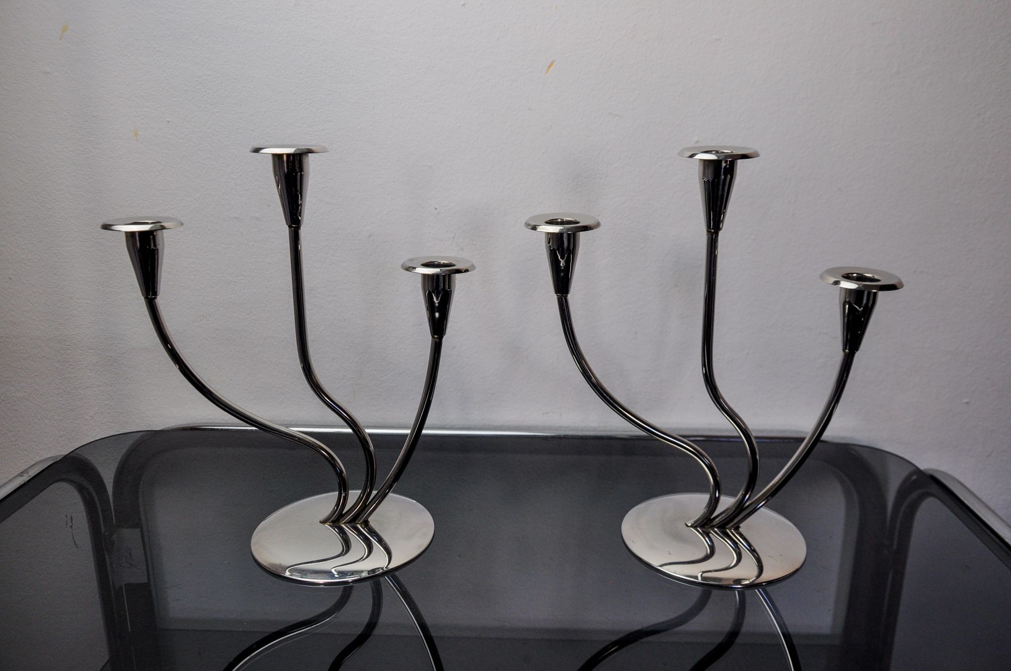 Pair of art deco candlesticks in stainless steel 3 flames, Spain, 1970