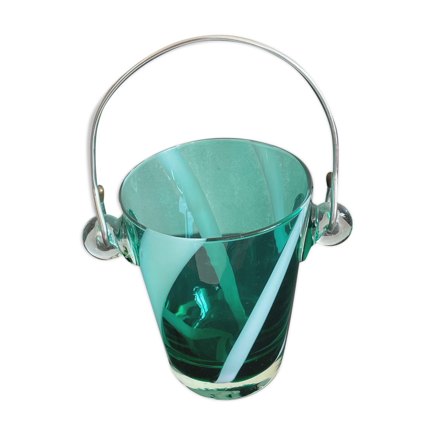 Bucket with ice cubes colored green glass