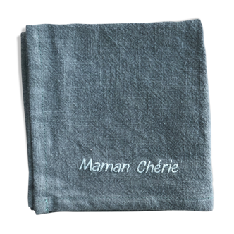 Embroidered celadon linen towel