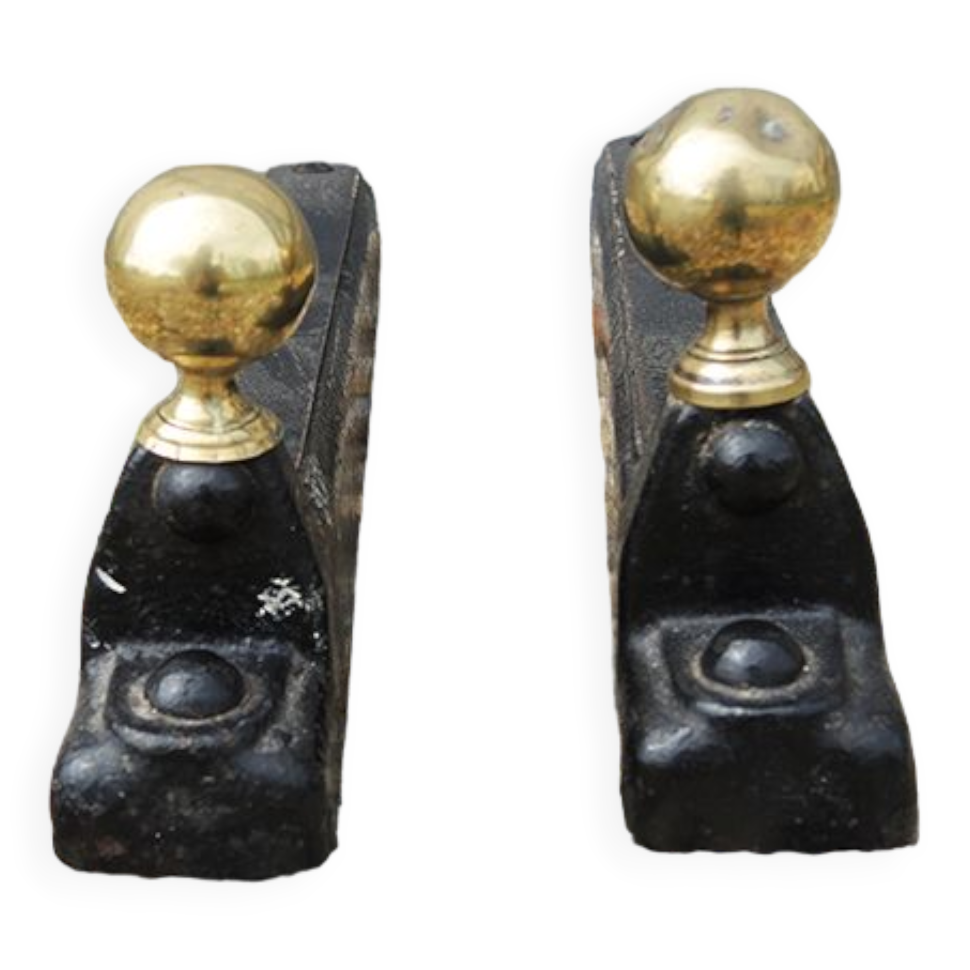 Old cast iron and xl brass andirons in neo classical style