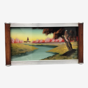 Art Deco tray with painting under glass, signed Elgé