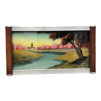 Art Deco tray with painting under glass, signed Elgé